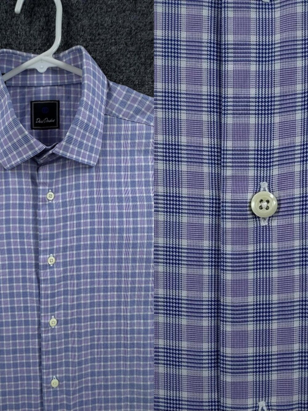 David Donahue Cotton 17 36/37 Plaid Logo Mens Purple Blue Shirt Office Pocket